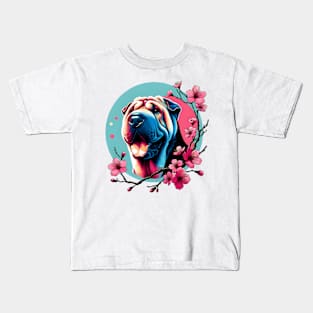 Joyful Chinese Shar-Pei Amidst Spring Cherry Blossoms Kids T-Shirt